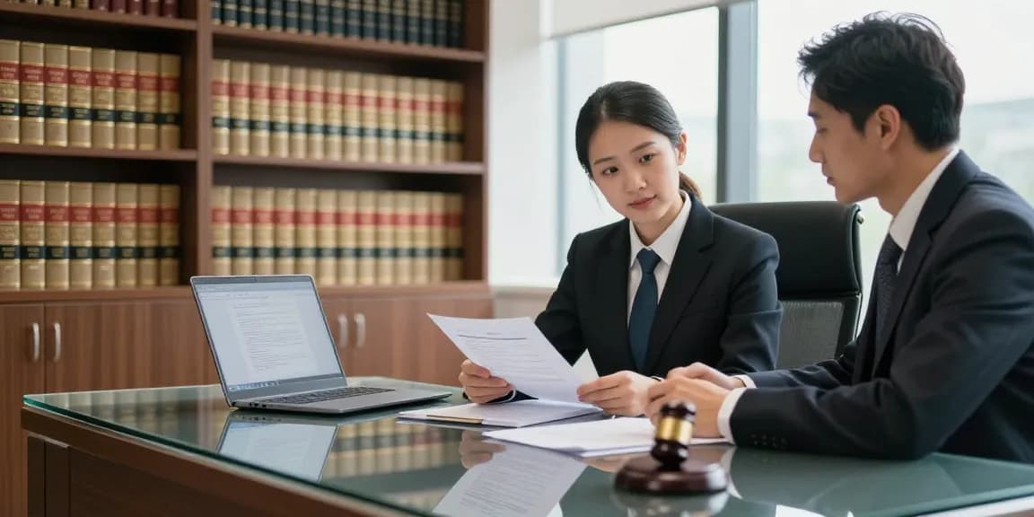 Read the legal consultation scene depicting a lawyer engaged with case files in a modern office.