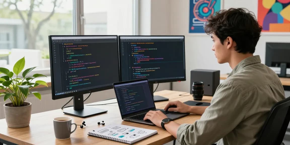 Developer working on AI chatbot code in a modern tech workspace with vibrant atmosphere.