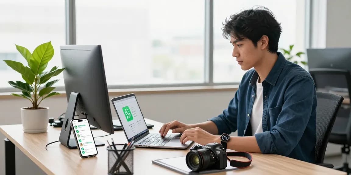 Engaging scene of a professional utilizing WhatsApp下載 on a laptop in a vibrant tech workspace.