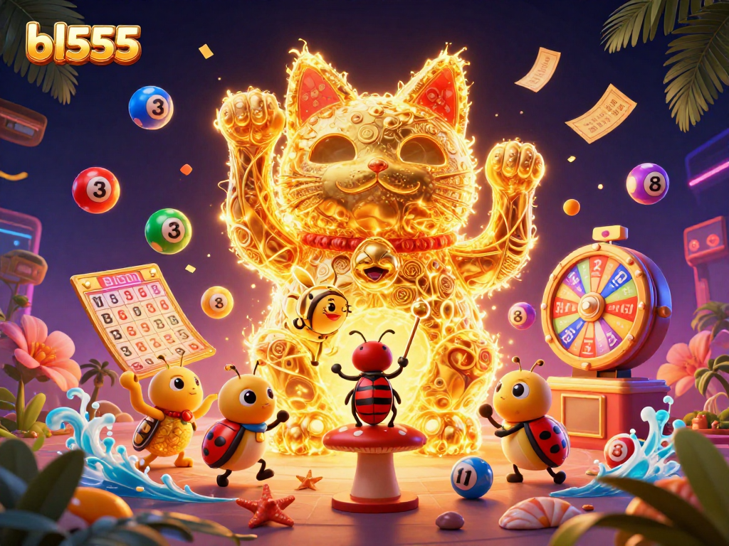 Experience the excitement of bl555 with a vibrant scene of a lucky cat and lottery elements in a dynamic casino setting.