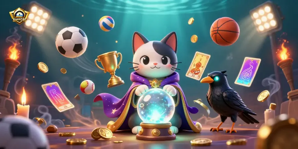Experience thrilling action in the sumsel toto gaming universe with vibrant 3D illustrations of fortune tellers and sports elements.