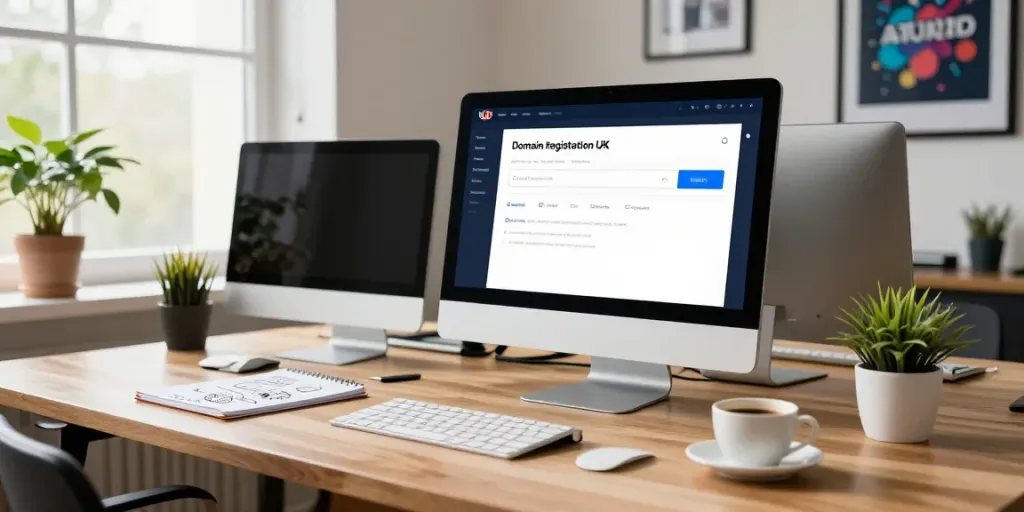 Workspace showcasing domain registration UK process with computer and notes.