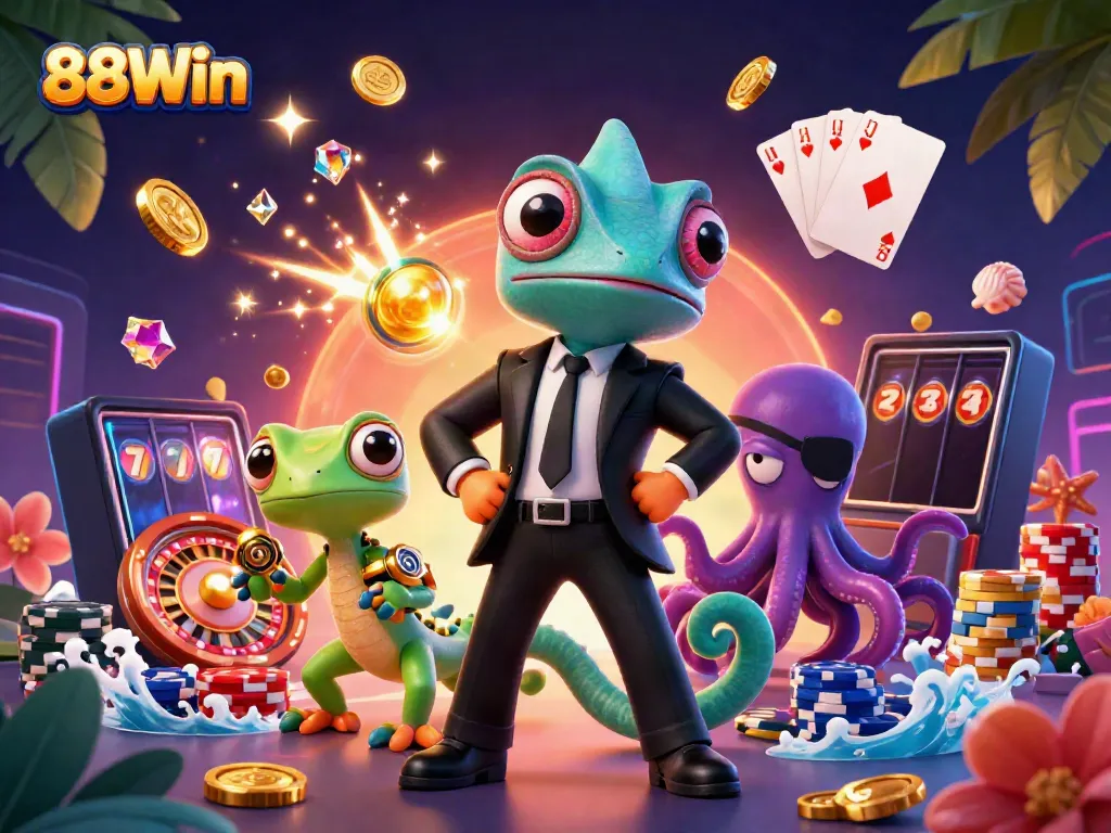 Experience winning moments with 88Win as colorful coins, playing cards, and game elements burst into action in this thrilling casino scene.