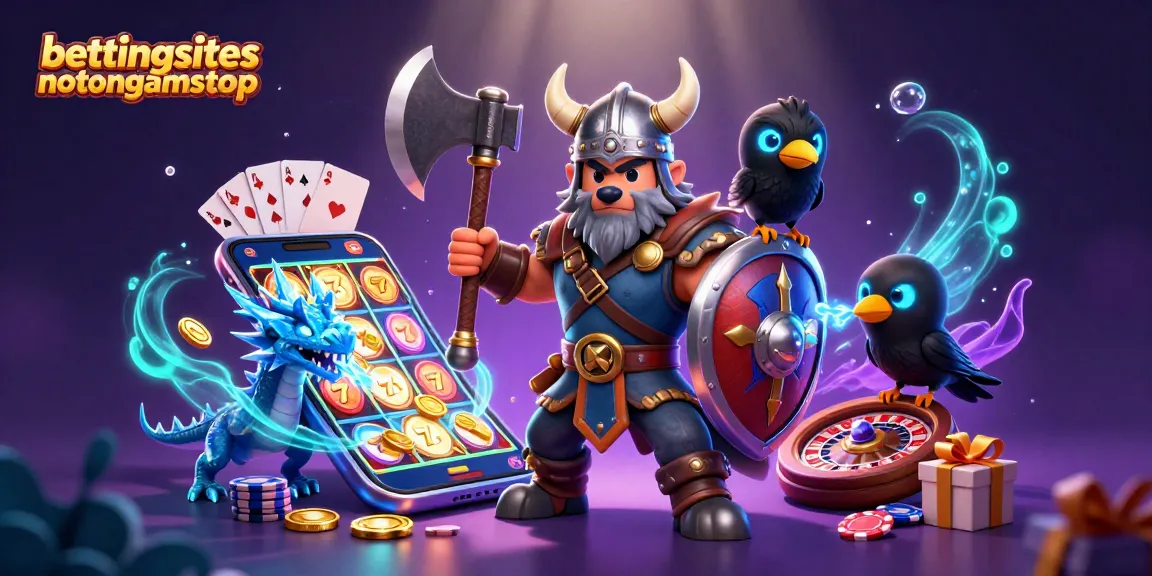 Engage in thrilling slots at bettingsitesnotongamstop with a Viking wolf, dragon, and raven amidst colorful game elements.