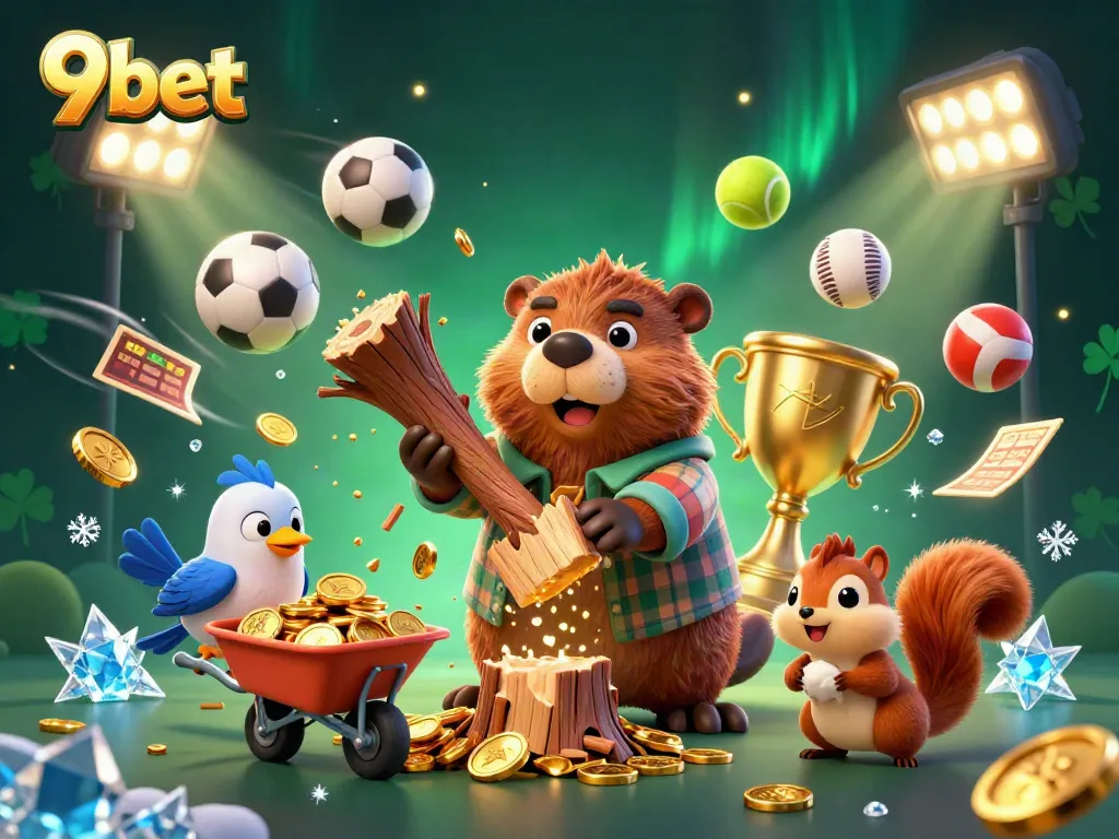 Experience thrilling wins at 9bet with a dynamic 3D casino illustration featuring gold coins and sports elements.
