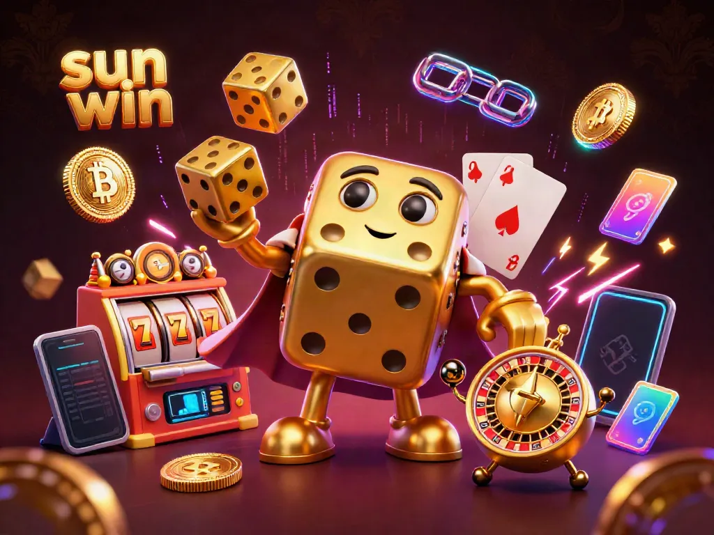 Experience the sun win action with golden dice and crypto elements in a vibrant casino scene.