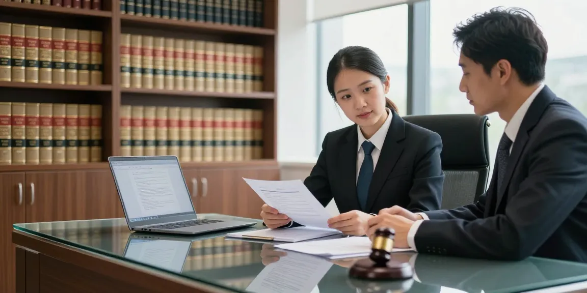 Read the legal consultation scene depicting a lawyer engaged with case files in a modern office.