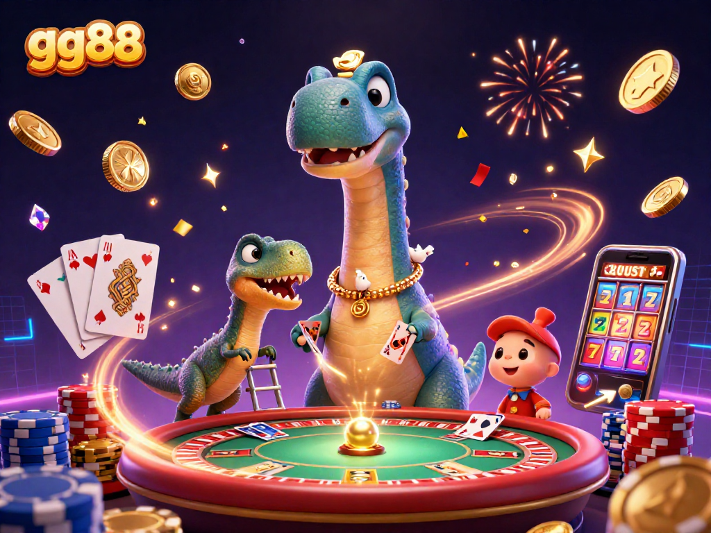 Experience thrilling games at gg88 with a giant brontosaurus and raptor dealer in an exciting casino scene.