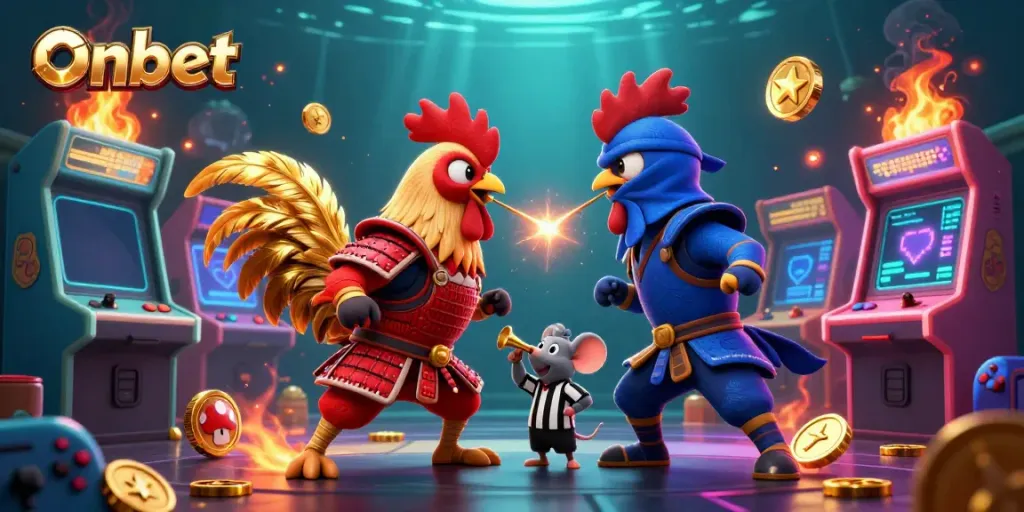 Engage with the thrilling scene of Onbet featuring cartoon fighting roosters in an intense showdown amidst arcade gaming elements.