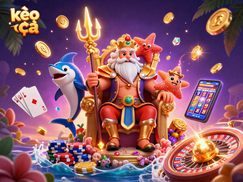 Spin with kèo nhà cái in this vibrant 3D casino scene featuring Neptune and rich gaming elements.
