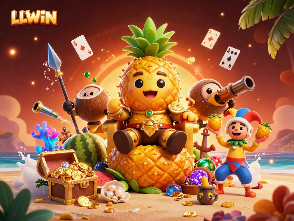 Experience thrill at LLWIN with the golden pineapple king amidst treasures and casino fun.