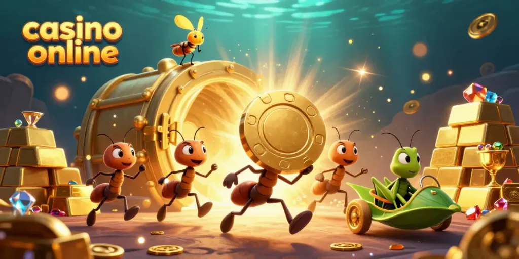 Ants heist with golden poker chip, vibrant casino online scene, dynamic action-filled illustration.