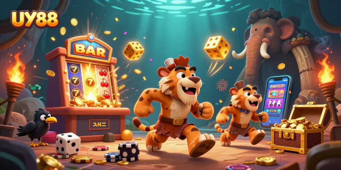 Experience winning moments at UY88 with a vibrant prehistoric casino scene packed with slot machines and treasures.