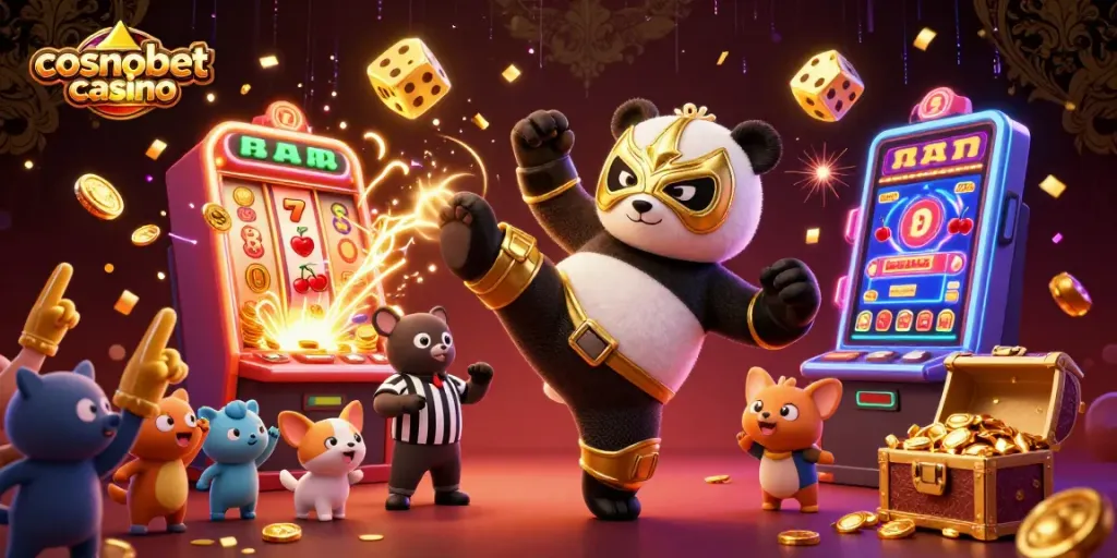 Experience exciting gameplay at cosmobet casino with a dynamic scene featuring animated characters and thrilling casino elements.