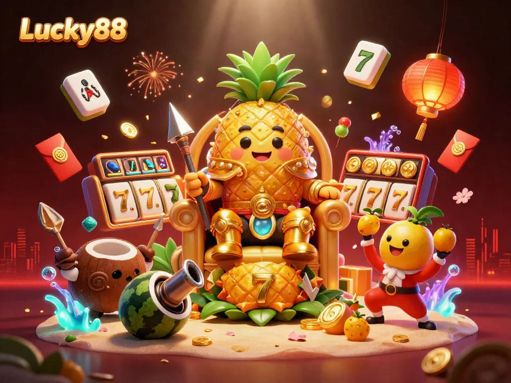 Experience the vibrant Lucky88 casino scene with golden characters and dynamic game elements.