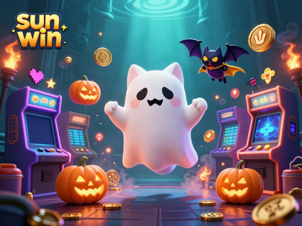 Experience the thrill with sun win in a vibrant haunted casino scene featuring a ghost cat and game elements.