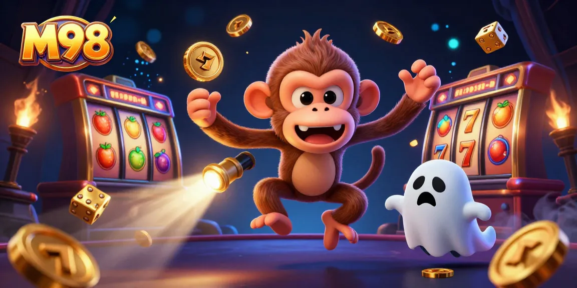 M98 showcases captivating slot game elements with a playful ghost-hunter puppy tracking a mischievous monkey.