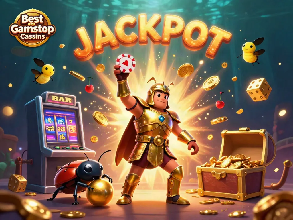 Engaging scene with a herculean beetle celebrating wins at best non Gamstop casinos with vibrant game elements.
