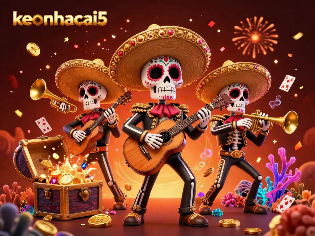 Catch the excitement of keonhacai5 with a vibrant mariachi band surrounded by treasure and festive elements.