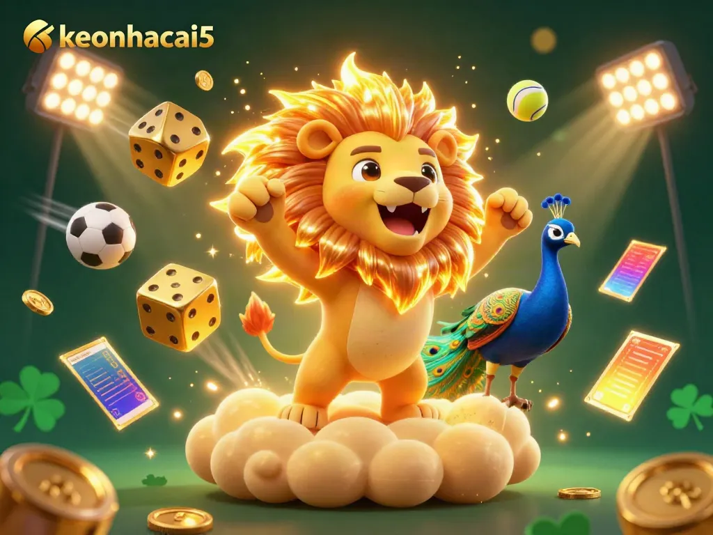 Betting with keonhacai5 in a vibrant, dynamic 3D cartoon scene featuring a roaring lion and sports elements.