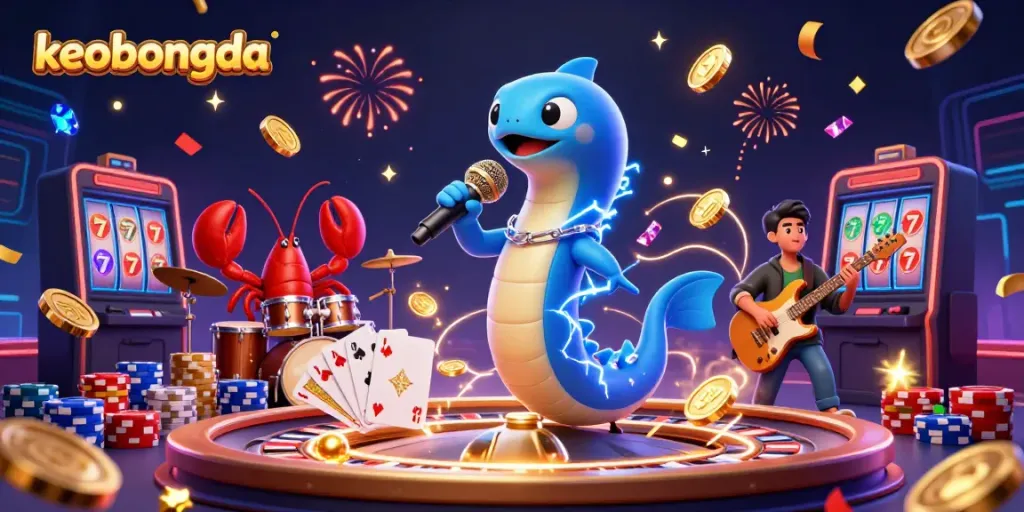 Engaging scene featuring keobongda with a DJ electric eel, lobster drummer, and seahorse guitarist at an underwater casino stage.