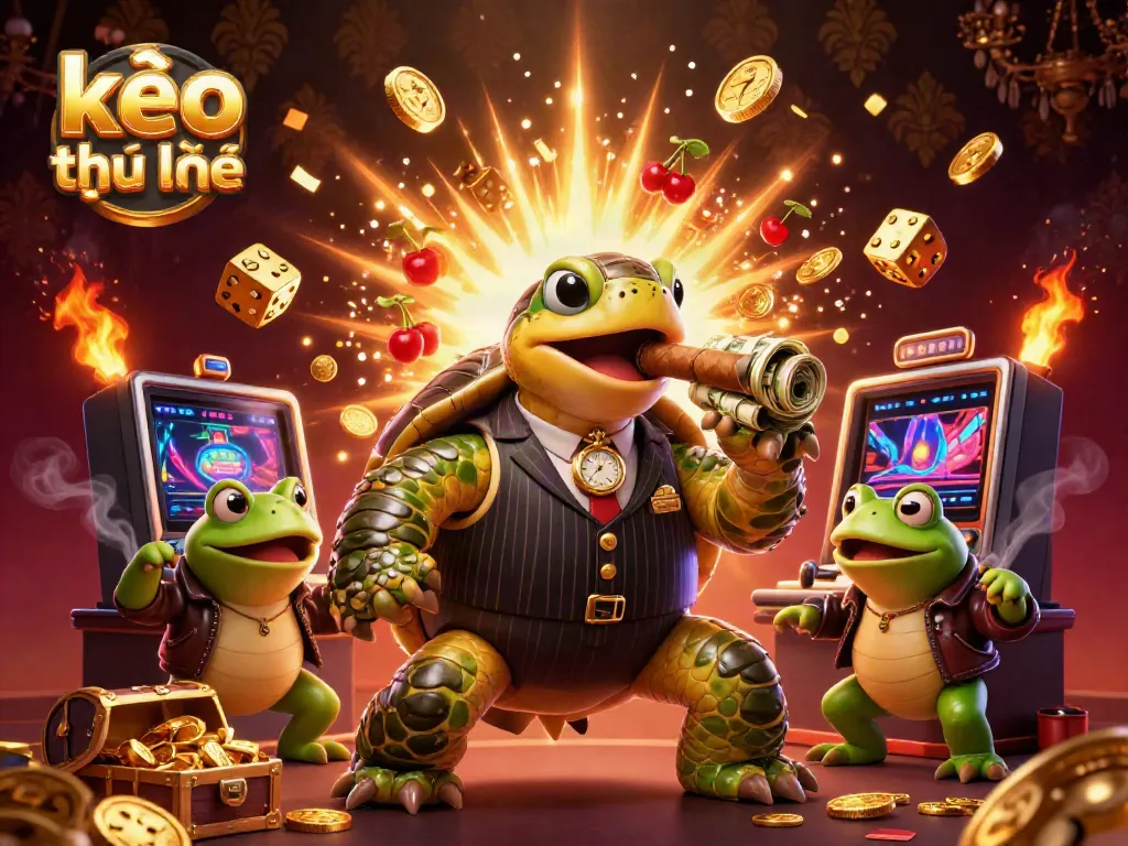 Join the vivid scene of kèo trực tuyến with a snapping turtle mobster amidst casino excitement.