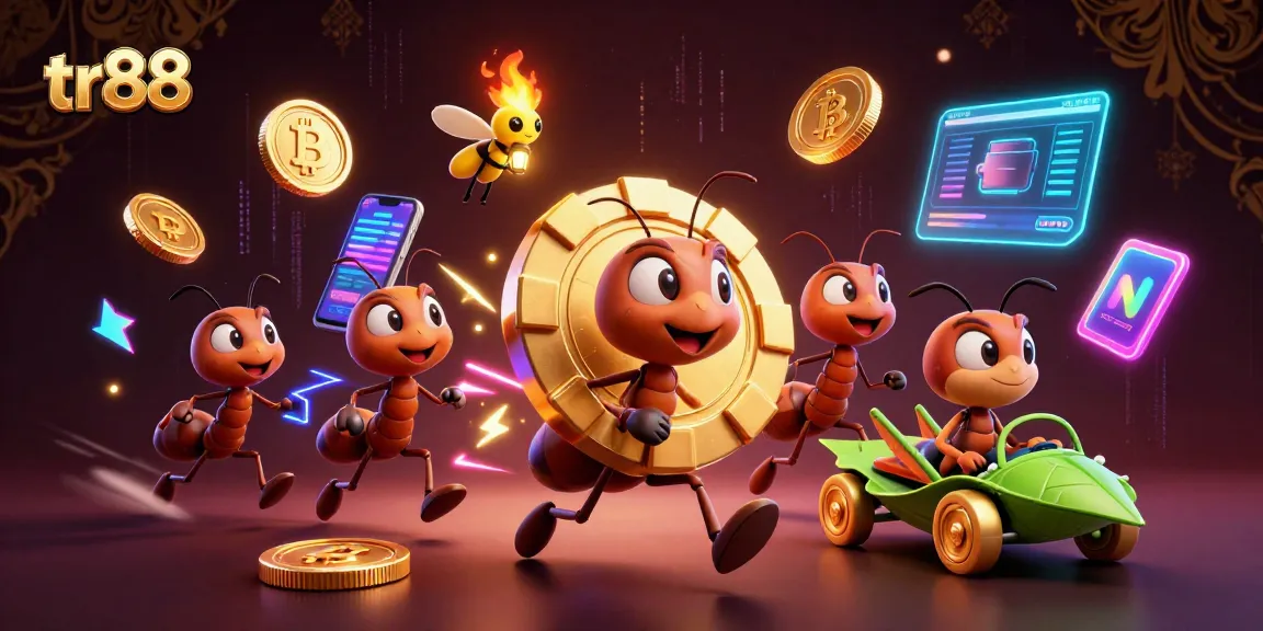 tr88 heist scene with ants carrying a poker chip and crypto elements in a vibrant casino