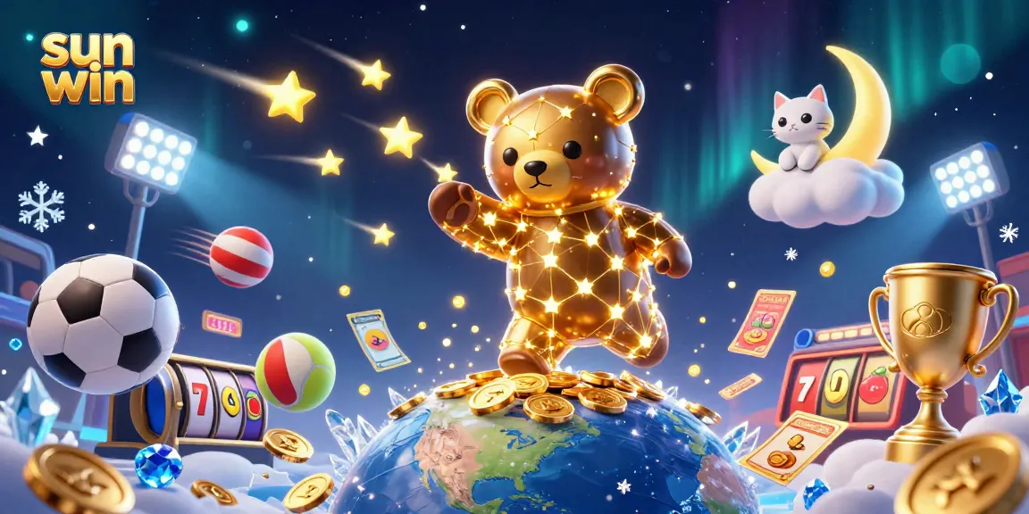 Engage with sun win at a vibrant casino scene filled with 3D stars, coins, and dynamic sports elements.
