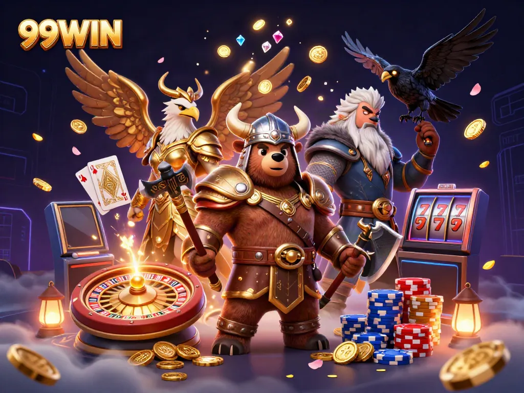 Experience the thrill of 99WIN with vivid casino action featuring a Viking berserker and Valkyrie in 3D.