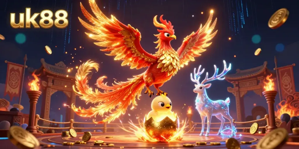 Witness the stunning energy of uk88 with a dynamic scene featuring a fire phoenix and a mystical stag, packed with casino elements.