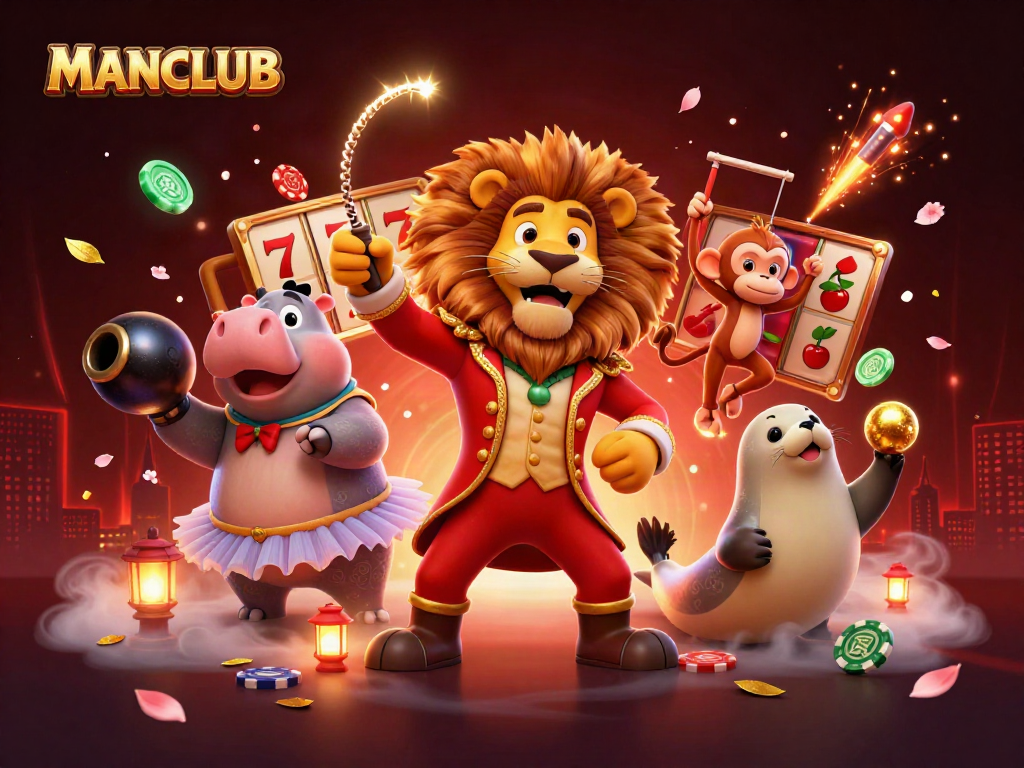 Join the excitement at MANCLUB with a vibrant scene of casino gaming action featuring lively characters.