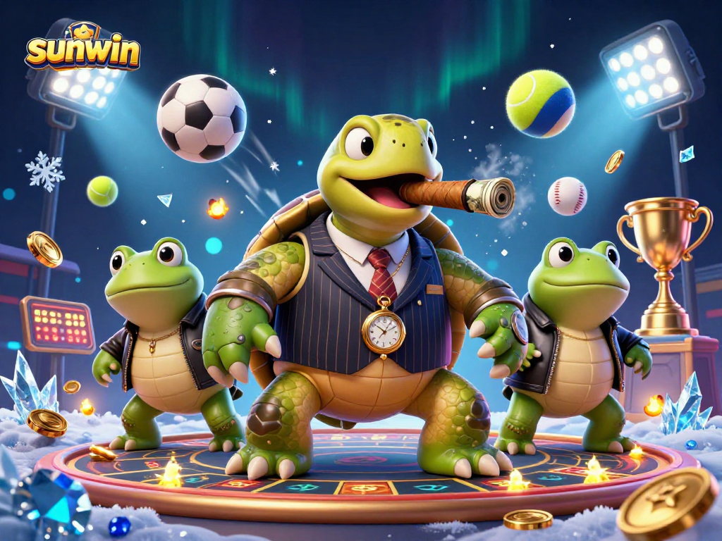 Sunwin showcases a vibrant casino scene with a mobster turtle and bullfrog enforcers amidst dynamic sports elements.