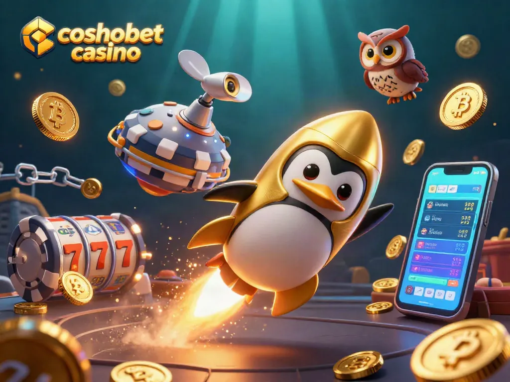 Experience the excitement of cosmobet casino as a golden penguin soars through a cosmic scene filled with vivid slots and crypto elements.