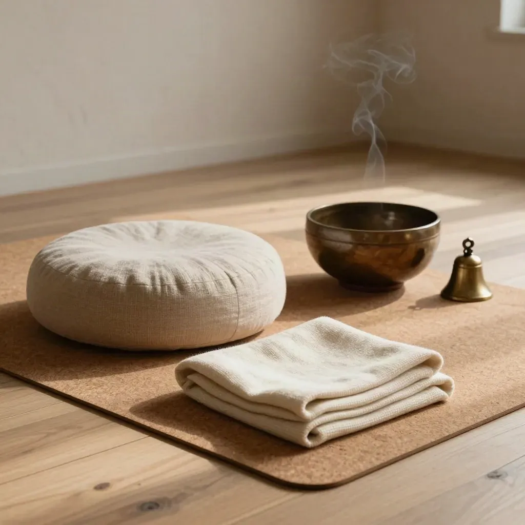 Cork meditation mat with zafu, throw, bowl and bell in a quiet studio corner.