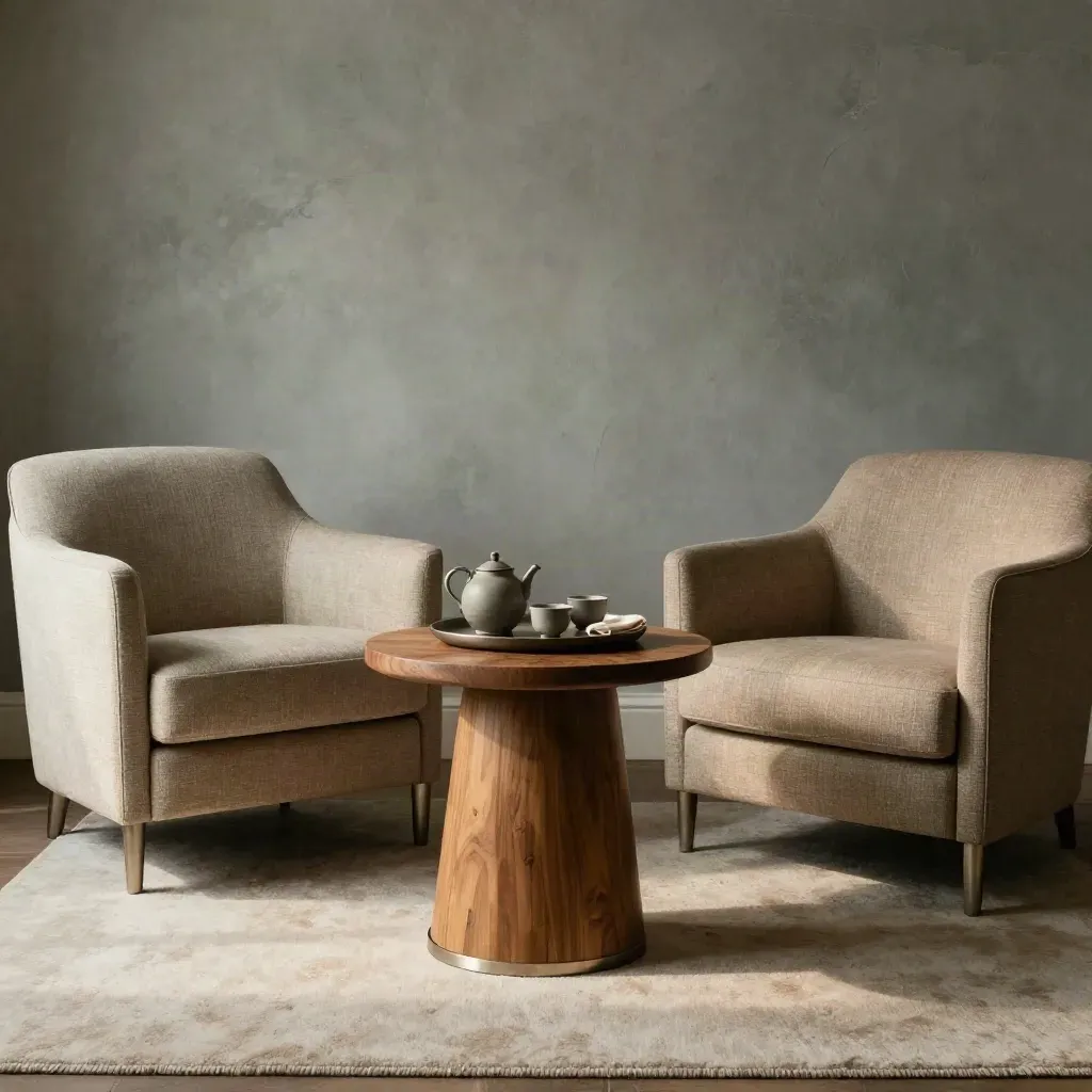 Private wellness coaching nook with sage armchairs, walnut side table and tea tray