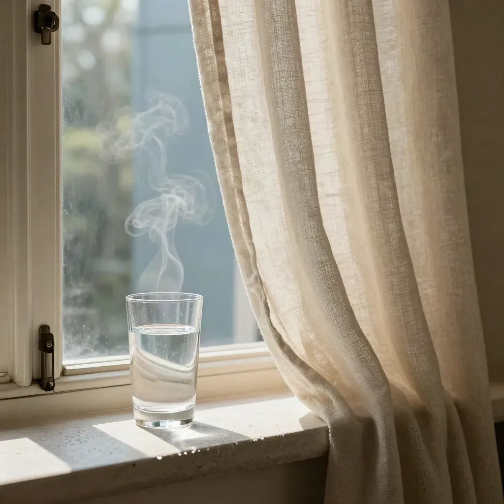 Open sash window with linen curtain, water glass and breath timer on a cool stone sill.