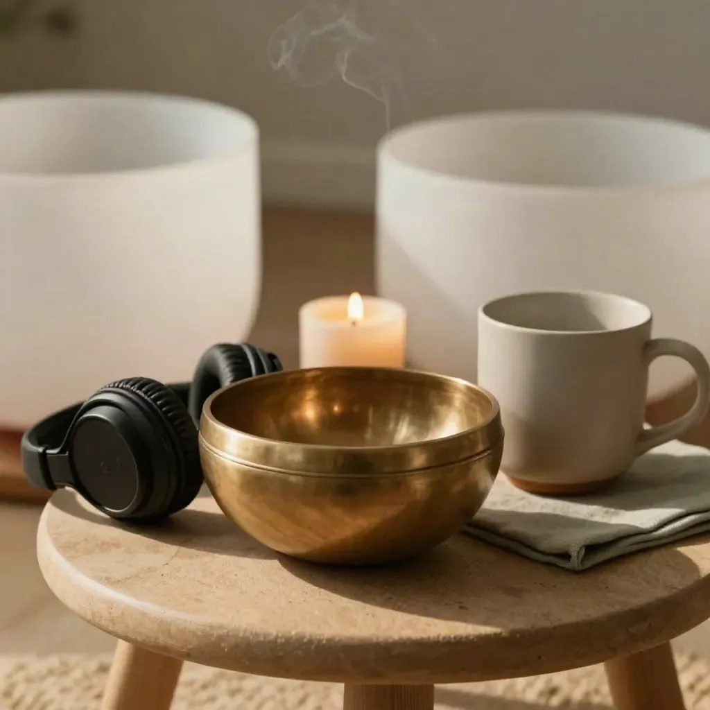 Headphones, singing bowl, candle and mug on a stool in a quiet meditation room