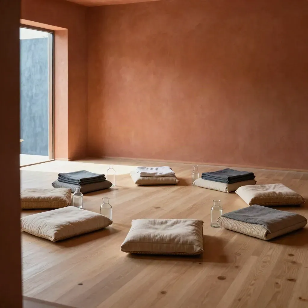 Calm workshop setup with floor cushions, carafes, folded blankets and a rolled mat in a warm studio.