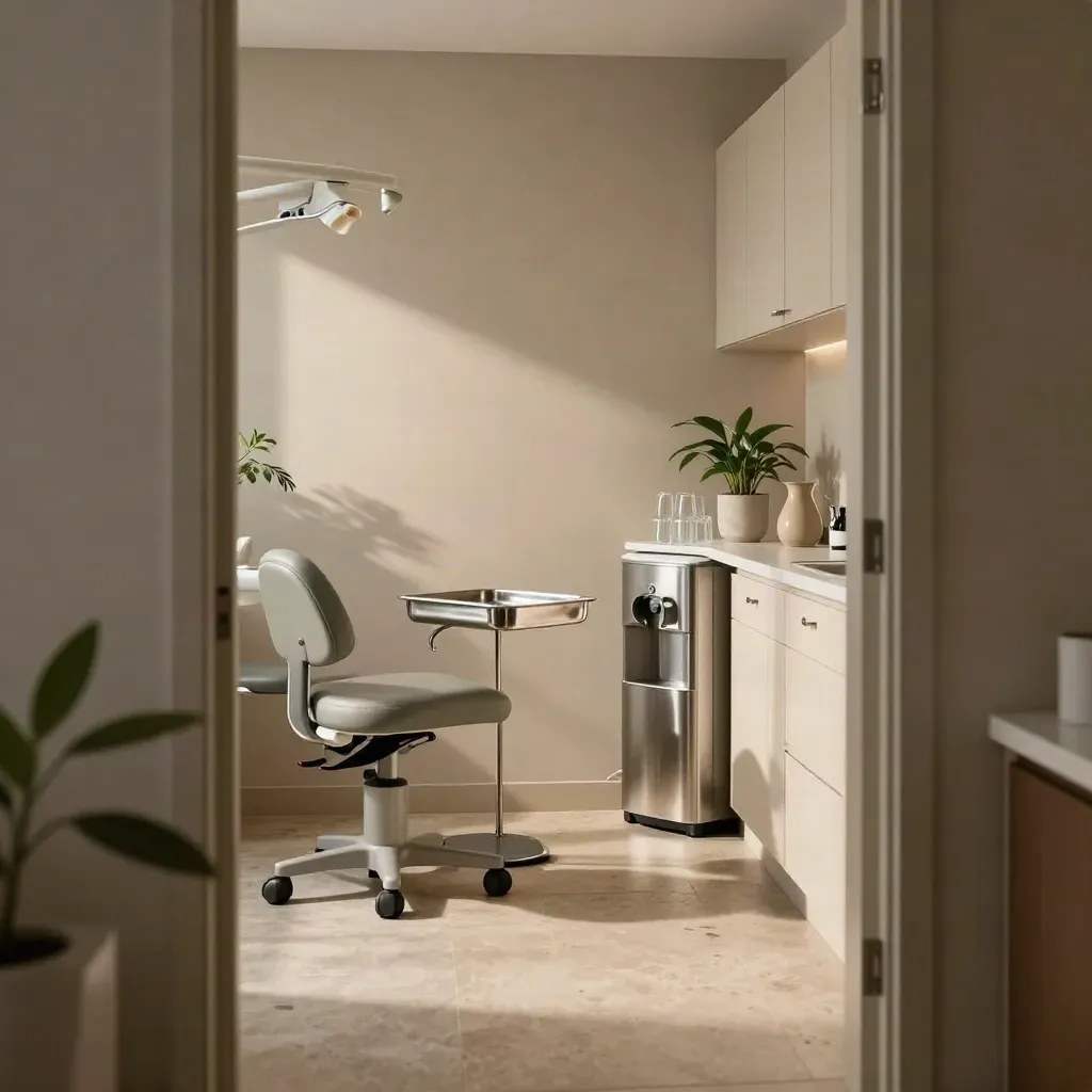 Quiet dental clinic nook with stools, tray, plants and water station in warm daylight