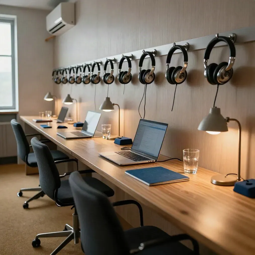 Quiet sales call room with headsets, laptops, tumblers and glowing desk lamps