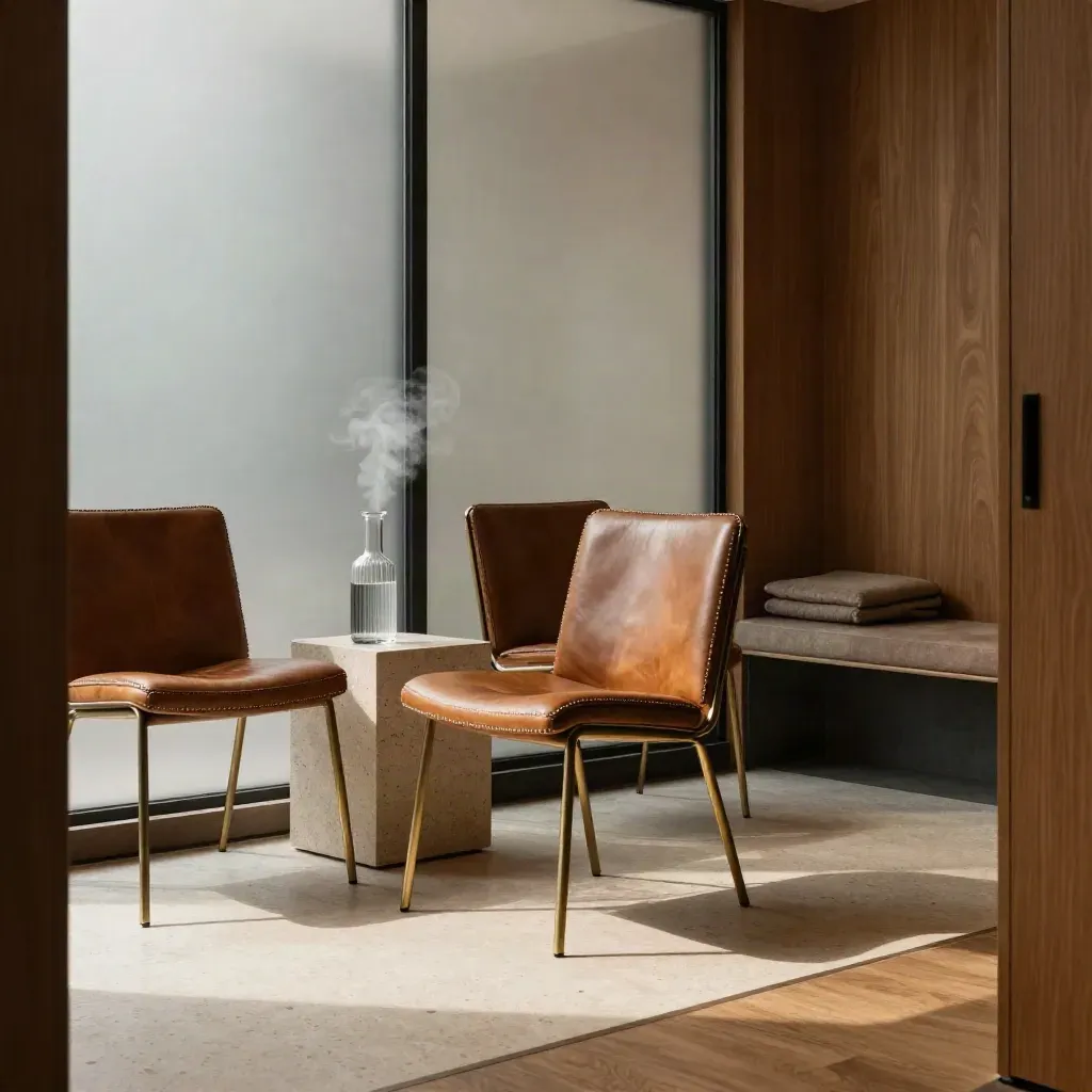 Calm law-office waiting room with leather chairs, water carafe and diffuser in soft morning light.