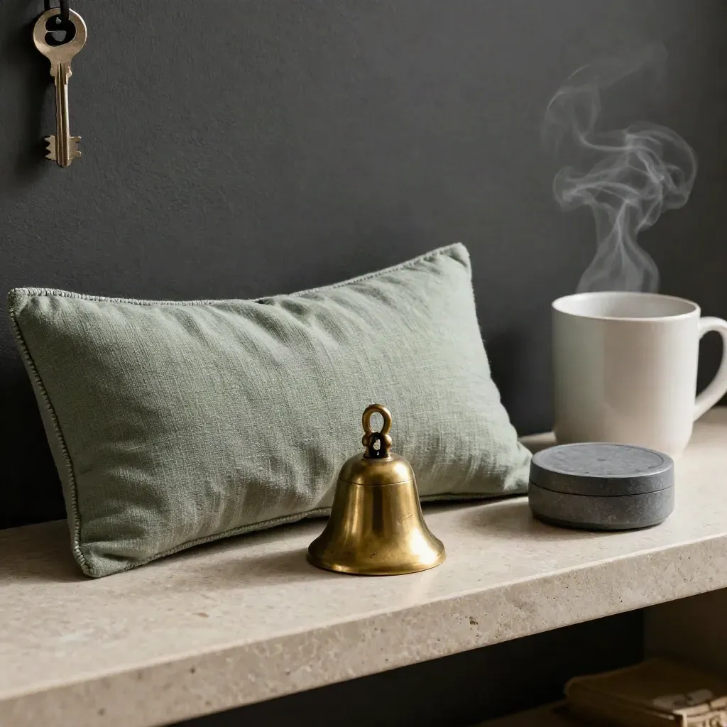 Sage eye pillow, bell, steaming mug and timer on a stone shelf, side-lit in shadow.