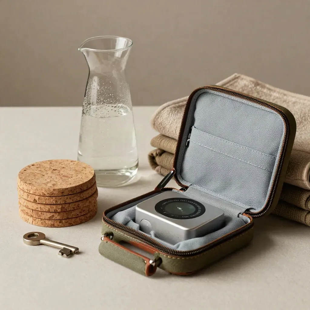Portable wellness workshop kit with cork coasters, carafe, throws and a timer in a carry case.