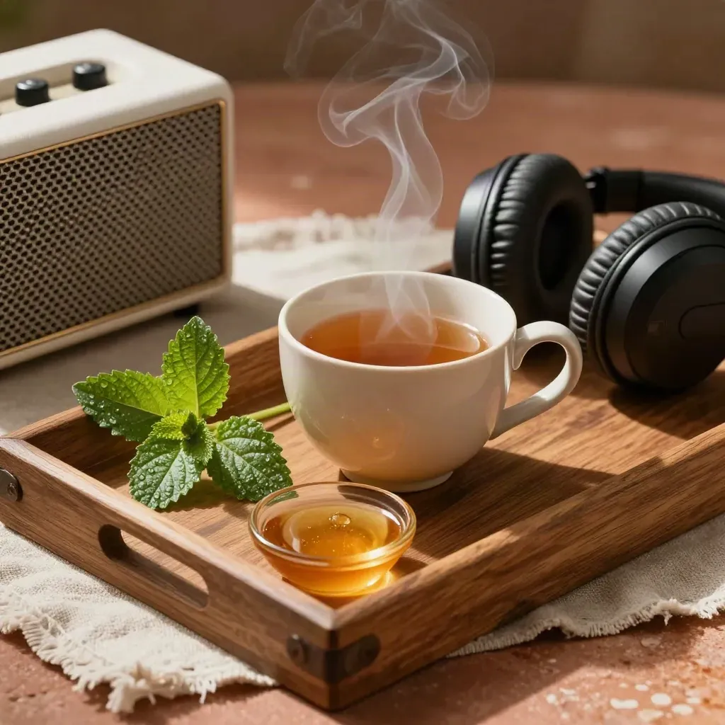 Herbal tea tray with lemon balm, honey, headphones and speaker in soft daylight.