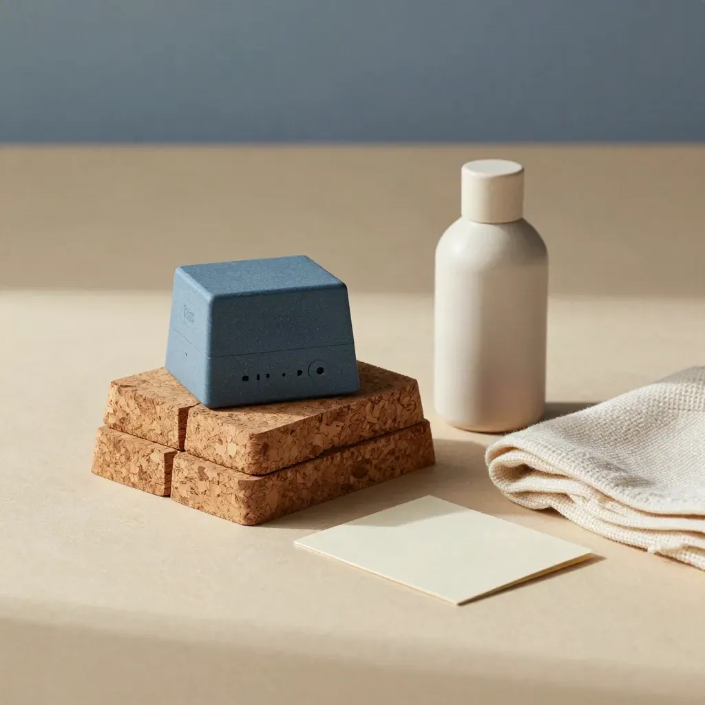 Cork blocks, breathing timer, ceramic roller bottle and folded towel on a plaster surface.