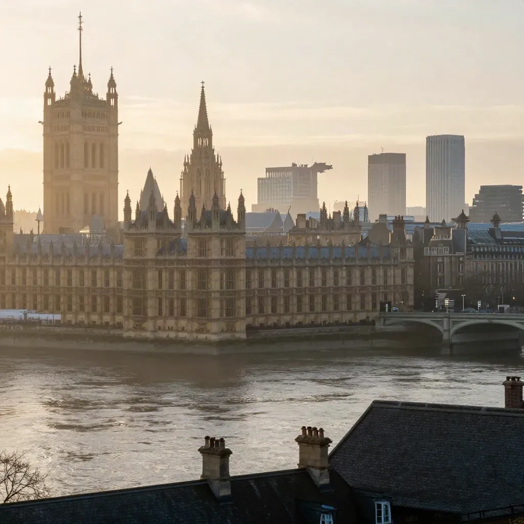 Warm dawn over the Thames with Westminster rooftops and river mist in London