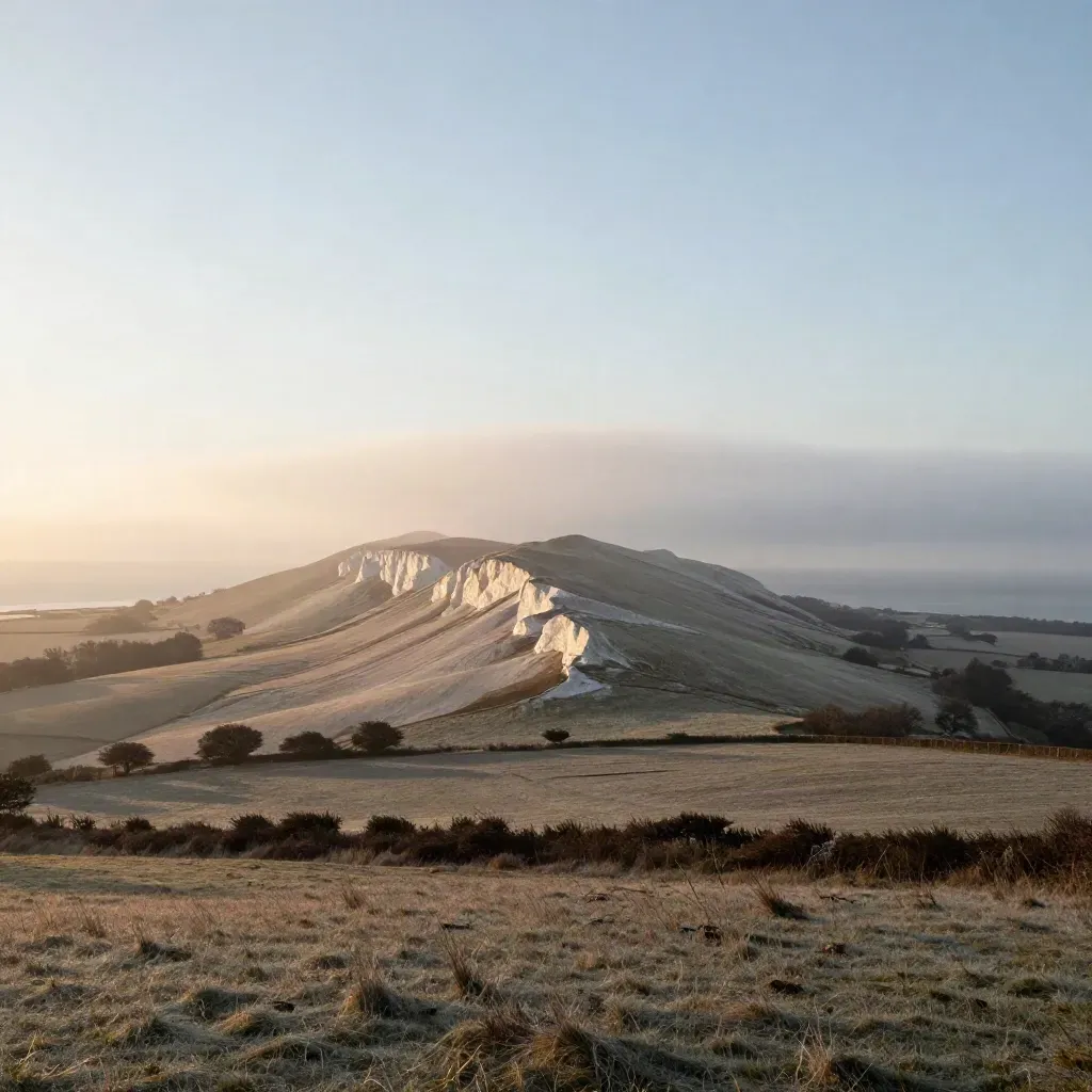 Sunrise over the South Downs and a glowing chalk ridge above a hazy coastal plain.