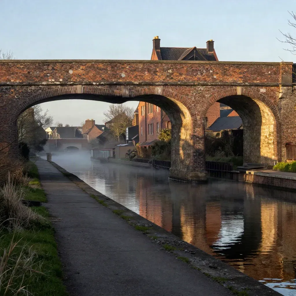 Evening canal beneath a brick viaduct in the West Midlands, with hazy water and rooftops