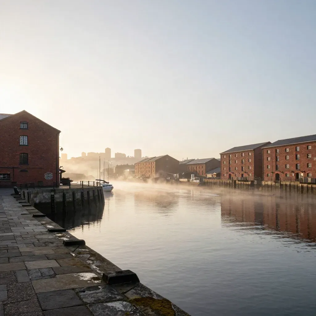 Red-brick waterfront and skyline over a misty harbour at sunset, with calm water for copy