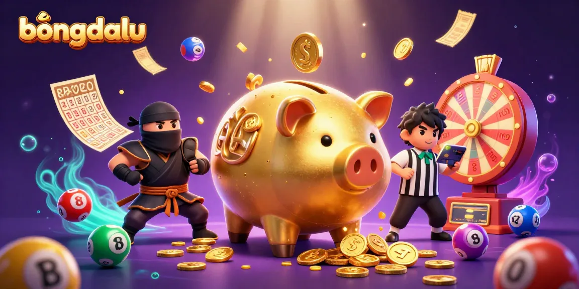 Bongdalu-themed dynamic illustration of a golden piggy bank sumo wrestler amidst a vibrant casino scene.